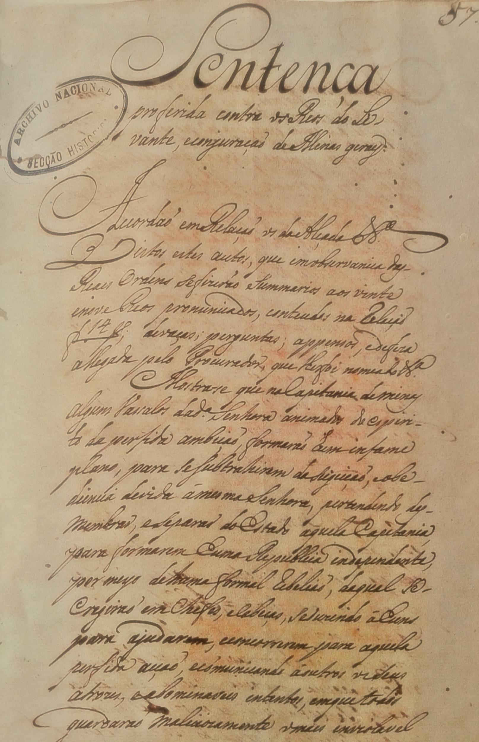 Sentença proferida contra os réus do levante e conjuração de Minas Gerais em 18 de abril de 1792