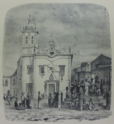 Chafariz do largo de Santa Rita, em frente à igreja homônima, vigiada pelos  “permanentes” no século XIX.