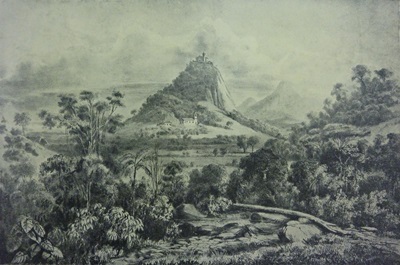 Vista de Nossa Senhora da Penha, situada na freguesia de Jacarepaguá, do álbum Rio de Janeiro Pitoresco, de L. Buvelot e A. Moreau, 1842.