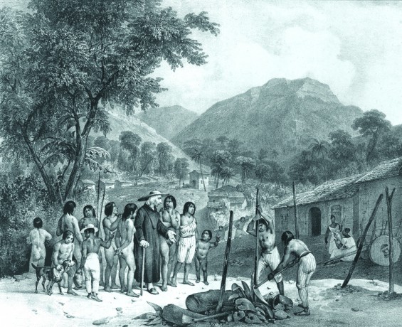 Litografia mostrando grupo de índios recém-chegados à aldeia de Tapuia, a partir de gravura de Johann Moritz Rugendas, século XIX