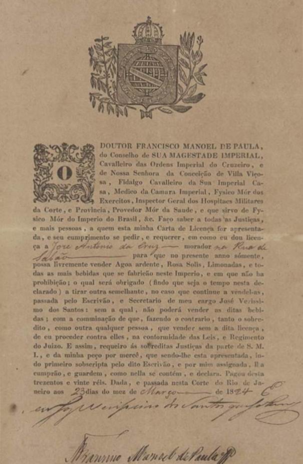 Carta de licença da Fisicatura-Mor para venda de bebidas a José Antônio da Cruz, 1824