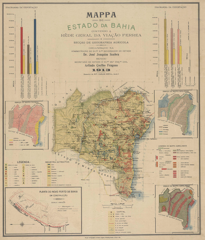 Mapa do estado da Bahia contendo a rede geral da viação férrea e seção de geografia agrícola, 1913   
