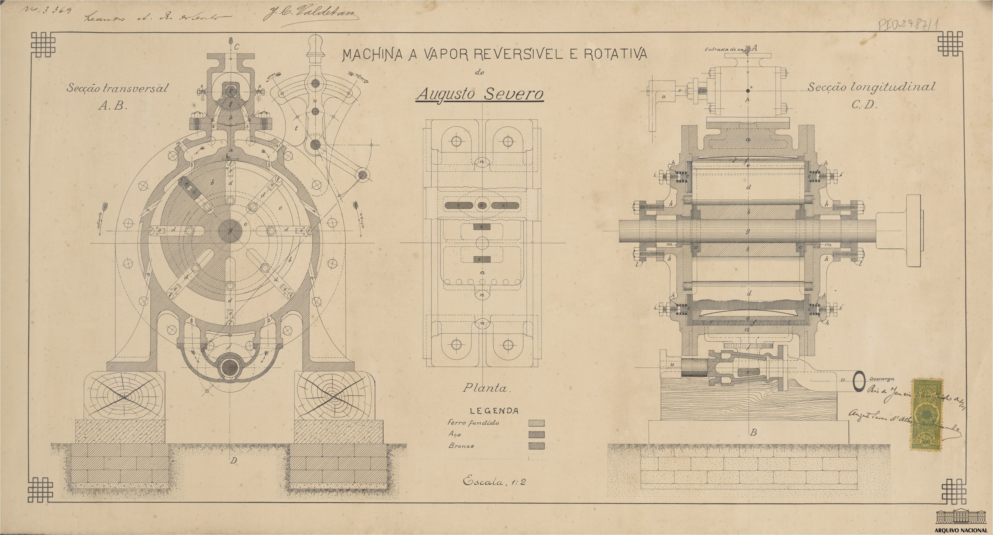 Ilustração da invenção de Augusto Severo de Albuquerque Maranhão, denominada máquina rotativa-reversível, apresentada junto ao pedido de patente. Rio de Janeiro, 23 de julho de 1901