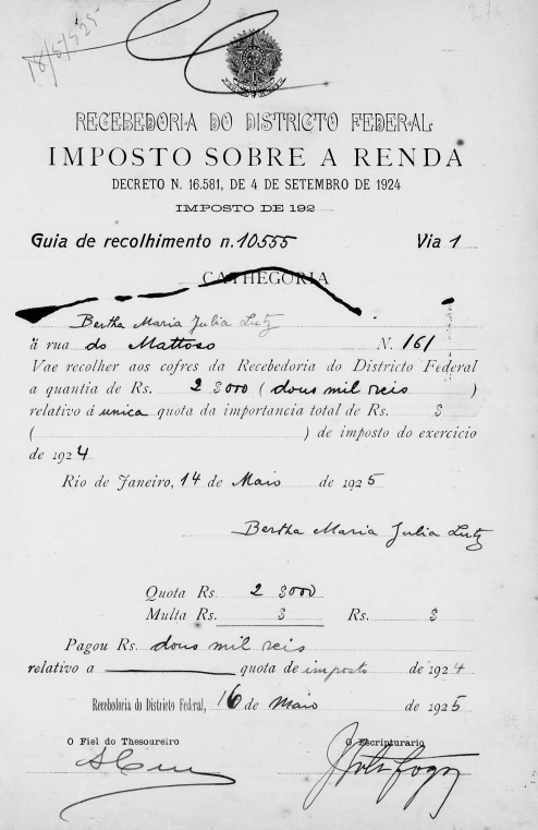 Guia de recolhimento do imposto de renda de Bertha Lutz, 1925