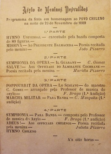 Programa do concerto em homenagem ao povo chileno, em 20 de novembro de 1889