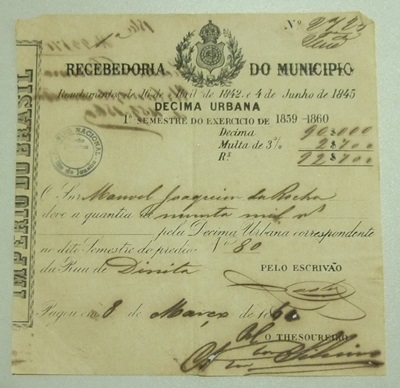 Recibo de pagamento da décima urbana referente ao exercício de 1859-1860.