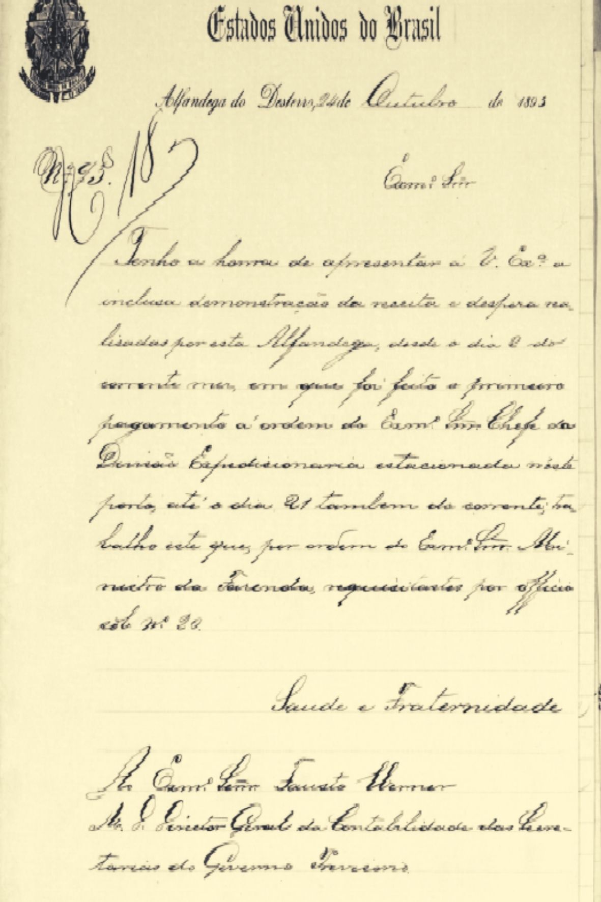 Ofício de 1893 apresentando balancete e demonstrativos de receita e despesas da Alfândega de Desterro, atual Florianópolis (SC)