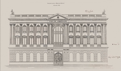 Projeto de construção do prédio da Caixa de Amortização, aprovado pela Comissão Construtora da Avenida Central em 1905 [fachada]