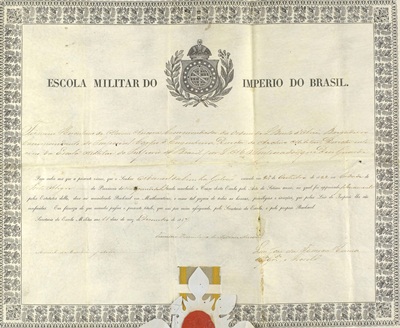 Diploma de bacharel em matemática expedido pela Escola Militar do Império do Brasil a Manuel da Cunha Galvão, 1847.