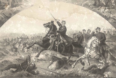 Gravura que exalta as ações do Exército brasileiro durante a campanha da Guerra do Paraguai (1864-1870). 