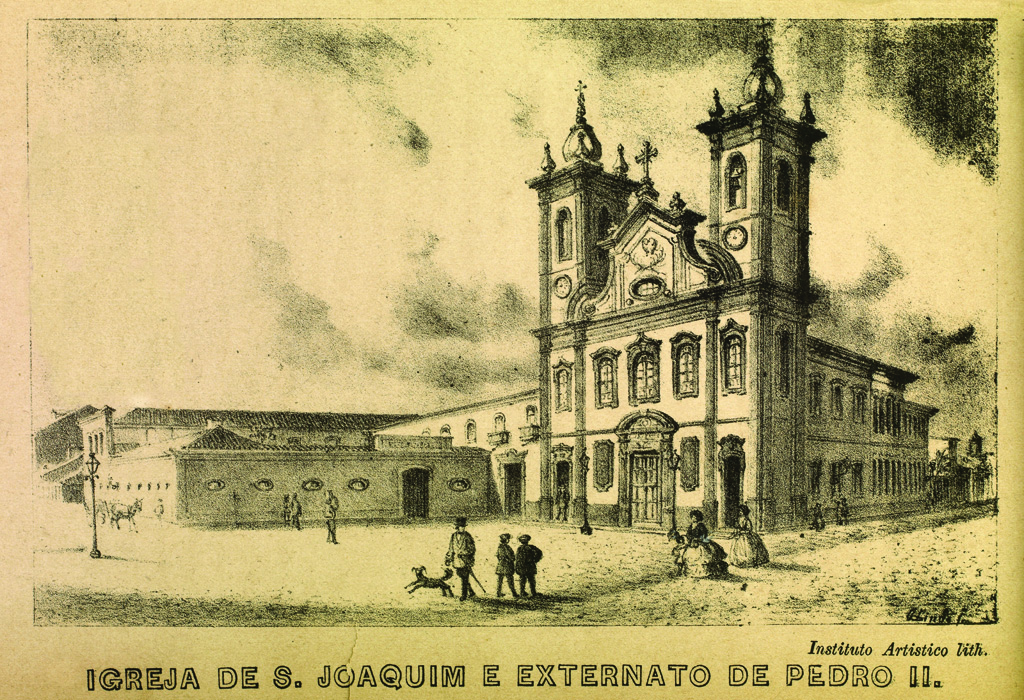 Imagem da Igreja de S. Joaquim e da antiga sede do Externato de Pedro II, do livro Um passeio pela cidade do Rio de Janeiro, de Joaquim Manoel de Macedo, publicado na década de 1860.