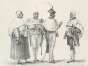 Uniforme de gala dos Cavaleiros da Ordem de Cristo, em litografia inserida no álbum Brasil pitoresco, publicado em 1839, de Jean-Baptiste Debret