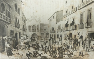Mercado de escravos na rua da Cruz, em Recife, Pernambuco, década de 1820.