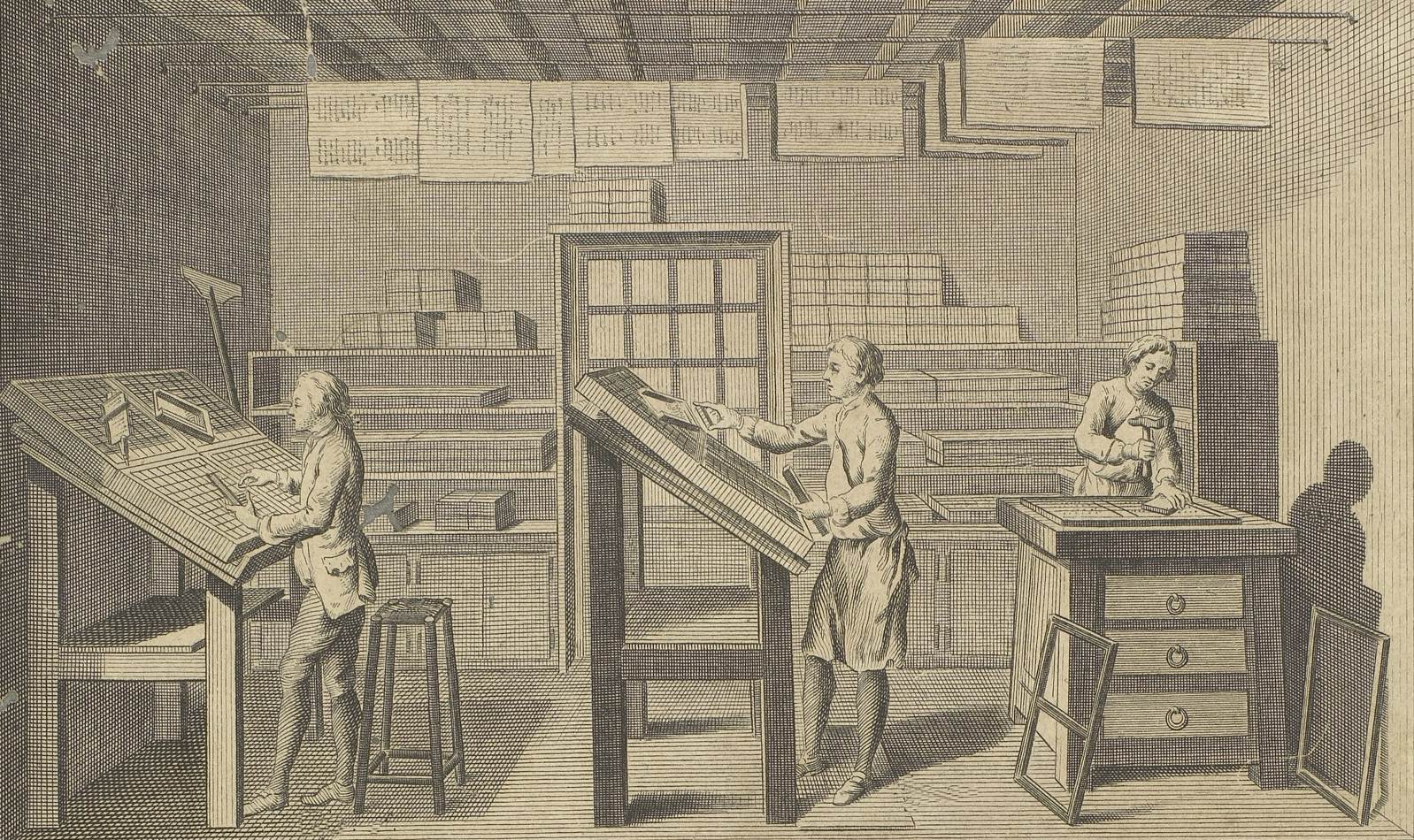 Gravura mostrando as diversas etapas do processo de impressão, incluída na Enciclopédia iluminista de Diderot e d’Alembert, publicada em Paris, de 1751 a 1772