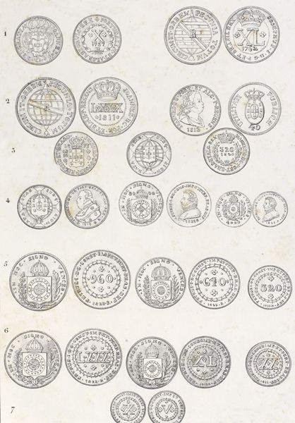 Moedas brasileiras de diversas épocas, em litografia incluída no livro Viagem pitoresca, publicado em 1839, de Jean-Baptiste Debret (1768-1848)
