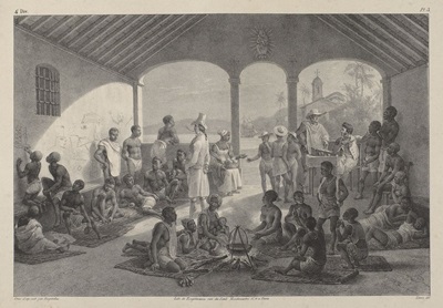 Litografia do mercado de escravos na rua do Valongo, no Rio de Janeiro, a partir de pintura de J. M. Rugendas (1802-1858), século XIX. 