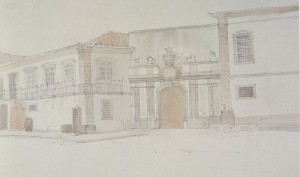 Edifício da Alfândega do Rio de Janeiro situado na rua Direita, hoje Primeiro de Março, em aquarela de Thomas Ender (1793-1875)