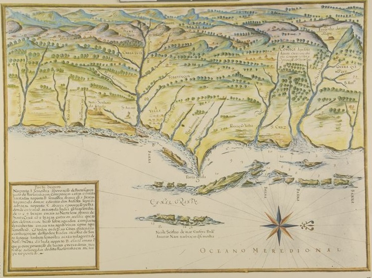Carta da costa leste do Brasil, região de Porto Seguro na Bahia, de autoria de João Teixeira Albernaz I, que ilustra o códice Razão do Estado do Brasil de 1612